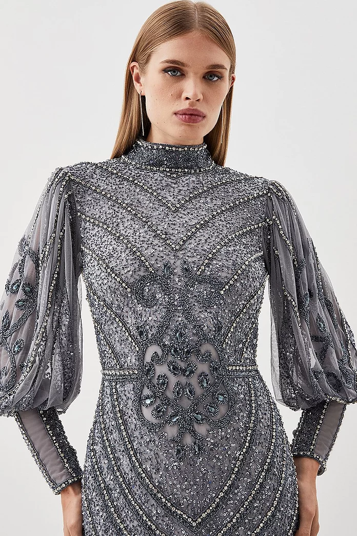 Tall Crystal Embellished Balloon Sleeve Woven Maxi Dress Tall Crystal Embellished Balloon Sleeve Woven Maxi Dress